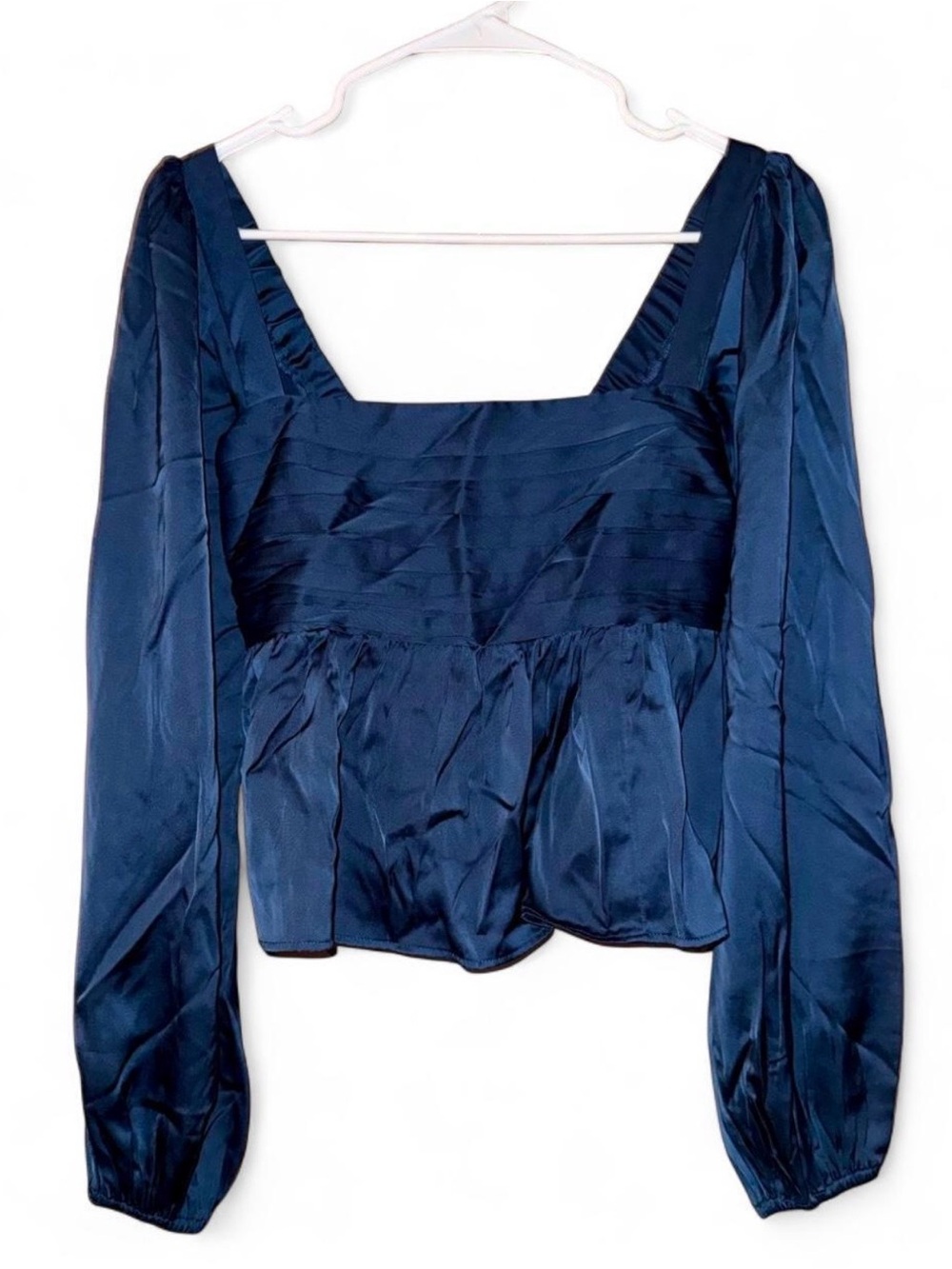Abercrombie & Fitch Navy Square Neck Satin Peplum Long-Sleeve Top